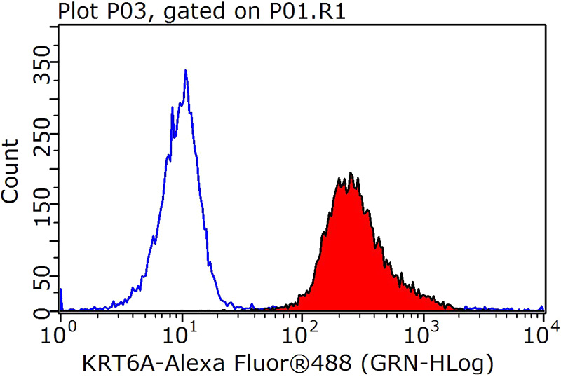 1X10^6 HeLa cells were stained with 0.2ug KRT6A antibody (Catalog No:109807, red) and control antibody (blue). Fixed with 90% MeOH blocked with 3% BSA (30 min). Alexa Fluor 488-congugated AffiniPure Goat Anti-Rabbit IgG(H+L) with dilution 1:1000.