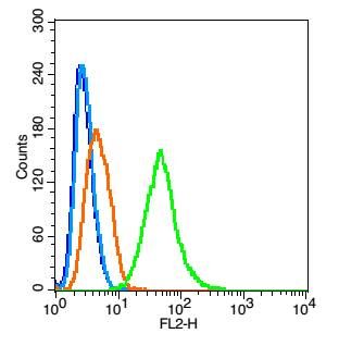 Fig4: Blank control: Hela(blue).; Primary Antibody:Rabbit Anti- Bak antibody(bs-1638R), Dilution: 1μg in 100 μL 1X PBS containing 0.5% BSA;; Isotype Control Antibody: Rabbit IgG(orange) ,used under the same conditions );; Secondary Antibody: Goat anti-rabbit IgG-PE(white blue), Dilution: 1:200 in 1 X PBS containing 0.5% BSA.; Protocol; The cells were fixed with 2% paraformaldehyde (10 min) , then permeabilized with 90% ice-cold methanol for 30 min on ice. Antibody ( 1μg /1x10^6 cells) were incubated for 30 min on the ice, followed by 1 X PBS containing 0.5% BSA + 1 0% goat serum (15 min) to block non-specific protein-protein interactions. Then the Goat Anti-rabbit IgG/PE antibody was added into the blocking buffer mentioned above to react with the primary antibody of 175212# at 1/200 dilution for 30 min on ice. Acquisition of 20,000 events was performed.