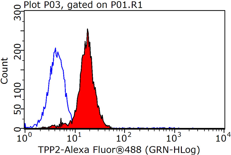 1X10^6 HepG2 cells were stained with 0.2ug TPP2 antibody (Catalog No:116210, red) and control antibody (blue). Fixed with 90% MeOH blocked with 3% BSA (30 min). Alexa Fluor 488-congugated AffiniPure Goat Anti-Rabbit IgG(H+L) with dilution 1:1500.
