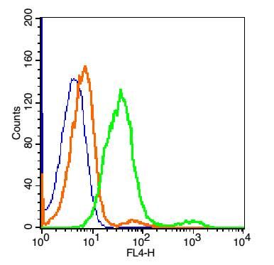 Fig3: Blank control:Hepg2 Cells(blue).; Primary Antibody: Rabbit Anti-CD200R/AF647 Conjugated antibody (175315#-AF647), Dilution: 5μg in 100 μL 1X PBS containing 0.5% BSA;; Isotype Control Antibody: Rabbit IgG/AF647(orange) ,used under the same conditions.