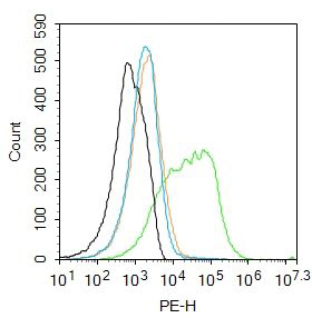 Fig2: Blank control: Mouse kidney.; Primary Antibody (green line): Rabbit Anti-SLCO2A1 antibody ; Dilution: 3μg /10^6 cells;; Isotype Control Antibody (orange line): Rabbit IgG .; Secondary Antibody : Goat anti-rabbit IgG-PE; Dilution: 1μg /test.; Protocol; The cells were incubated in 5%BSA to block non-specific protein-protein interactions for 30 min at at room temperature .Cells stained with Primary Antibody for 30 min at room temperature. The secondary antibody used for 40 min at room temperature. Acquisition of 20,000 events was performed.