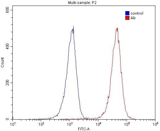 1X10^6 Raji cells were stained with 0.2ug MCM7 antibody (Catalog No:112557, red) and control antibody (blue). Fixed with 4% PFA blocked with 3% BSA (30 min). Alexa Fluor 488-congugated AffiniPure Goat Anti-Rabbit IgG(H+L) with dilution 1:1500.