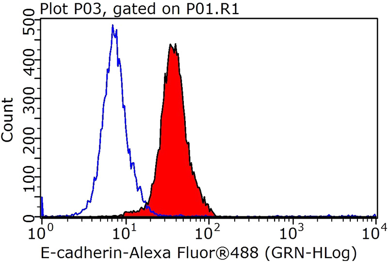 1X10^6 HepG2 cells were stained with .2ug E-cadherin antibody (Catalog No:110288, red) and control antibody (blue). Fixed with 90% MeOH blocked with 3% BSA (30 min). Alexa Fluor 488-congugated AffiniPure Goat Anti-Rabbit IgG(H+L) with dilution 1:1000.