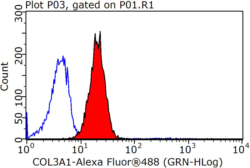 1X10^6 HepG2 cells were stained with 0.2ug COL3A1 antibody (Catalog No:109378, red) and control antibody (blue). Fixed with 90% MeOH blocked with 3% BSA (30 min). Alexa Fluor 488-congugated AffiniPure Goat Anti-Rabbit IgG(H+L) with dilution 1:1500.