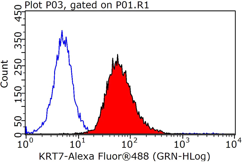 1X10^6 HeLa cells were stained with 0.2ug KRT7 antibody (Catalog No:109809, red) and control antibody (blue). Fixed with 90% MeOH blocked with 3% BSA (30 min). Alexa Fluor 488-congugated AffiniPure Goat Anti-Rabbit IgG(H+L) with dilution 1:1000.