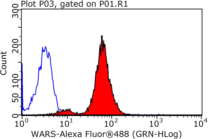 1X10^6 HepG2 cells were stained with 0.2ug WARS antibody (Catalog No:116413, red) and control antibody (blue). Fixed with 90% MeOH blocked with 3% BSA (30 min). Alexa Fluor 488-congugated AffiniPure Goat Anti-Rabbit IgG(H+L) with dilution 1:1500.