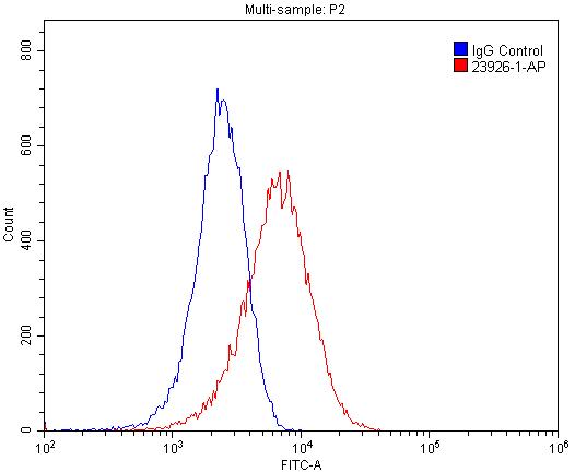 1X10^6 HeLa cells were stained with 0.2ug RAGE antibody (Catalog No:112732, red) and control antibody (blue). Fixed with 4% PFA blocked with 3% BSA (30 min). Alexa Fluor 488-congugated AffiniPure Goat Anti-Rabbit IgG(H+L) with dilution 1:1500.