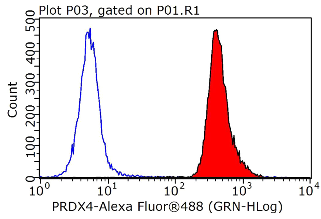 1X10^6 HepG2 cells were stained with 0.2ug PRDX4 antibody (Catalog No:114177, red) and control antibody (blue). Fixed with 90% MeOH blocked with 3% BSA (30 min). Alexa Fluor 488-congugated AffiniPure Goat Anti-Rabbit IgG(H+L) with dilution 1:1000.