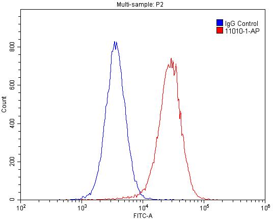 1X10^6 HepG2 cells were stained with 0.2ug ATG8L antibody (Catalog No:110800, red) and control antibody (blue). Fixed with 4% PFA blocked with 3% BSA (30 min). Alexa Fluor 488-congugated AffiniPure Goat Anti-Rabbit IgG(H+L) with dilution 1:1500.
