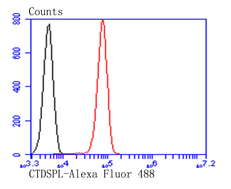 Fig2: Flow cytometric analysis of HepG2 cells with CFTR antibody at 1/100 dilution (red) compared with an unlabelled control (cells without incubation with primary antibody; black). Alexa Fluor 488-conjugated goat anti-rabbit IgG was used as the secondary antibody.