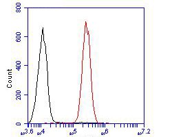 Fig6:; Flow cytometric analysis of IL18 binding protein was done on A549 cells. The cells were fixed, permeabilized and stained with the primary antibody ( 1/100) (red). After incubation of the primary antibody at room temperature for an hour, the cells were stained with a Alexa Fluor 488-conjugated goat anti-rabbit IgG Secondary antibody at 1/500 dilution for 30 minutes.Unlabelled sample was used as a control (cells without incubation with primary antibody; black).