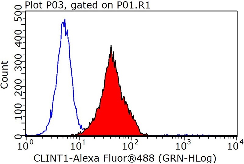 1X10^6 HepG2 cells were stained with 0.2ug CLINT1 antibody (Catalog No:109391, red) and control antibody (blue). Fixed with 90% MeOH blocked with 3% BSA (30 min). Alexa Fluor 488-congugated AffiniPure Goat Anti-Rabbit IgG(H+L) with dilution 1:1000.
