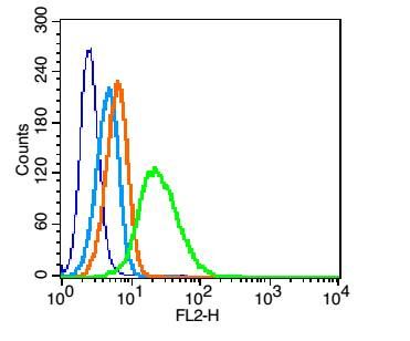 Fig1: Blank control: U937(blue).; Primary Antibody: Rabbit Anti-BST1 antibody , Dilution: 1μg in 100 μL 1X PBS containing 0.5% BSA;; Isotype Control Antibody: Rabbit IgG (orange) ,used under the same conditions.; Secondary Antibody: Goat anti-rabbit IgG-PE(white blue), Dilution: 1:200 in 1 X PBS containing 0.5% BSA.; Protocol; The cells were fixed with 2% paraformaldehyde (10 min).Primary antibody ( 1μg /1x10^6 cells) were incubated for 30 min on the ice, followed by 1 X PBS containing 0.5% BSA + 10% goat serum (15 min) to block non-specific protein-protein interactions. Then the Goat Anti-rabbit IgG/PE antibody was added into the blocking buffer mentioned above to react with the primary antibody at 1/200 dilution for 30 min on ice. Acquisition of 20,000 events was performed.