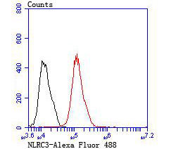Fig7: Flow cytometric analysis of MCF-7 cells with NLRC3 antibody at 1/100 dilution (red) compared with an unlabelled control (cells without incubation with primary antibody; black).