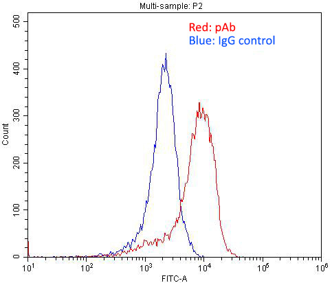 1X10^6 PC-3 cells were stained with 0.2ug RGR antibody (Catalog No:114639, red) and control antibody (blue). Fixed with 4% PFA blocked with 3% BSA (30 min). Alexa Fluor 488-congugated AffiniPure Goat Anti-Rabbit IgG(H+L) with dilution 1:1500.