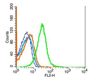 Fig4: Blank control(blue): Mouse thymus cells(fixed with 2% paraformaldehyde (10 min)).; Primary Antibody:Rabbit Anti- GPCR EX33 antibody , Dilution: 1ug in 100 uL 1X PBS containing 0.5% BSA;; Isotype Control Antibody: Rabbit IgG(orange) ,used under the same conditions );; Secondary Antibody: Goat anti-rabbit IgG-PE(white blue), Dilution: 1:200 in 1 X PBS containing 0.5% BSA.