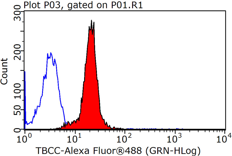 1X10^6 HepG2 cells were stained with 0.2ug TBCC antibody (Catalog No:115871, red) and control antibody (blue). Fixed with 90% MeOH blocked with 3% BSA (30 min). Alexa Fluor 488-congugated AffiniPure Goat Anti-Rabbit IgG(H+L) with dilution 1:1500.