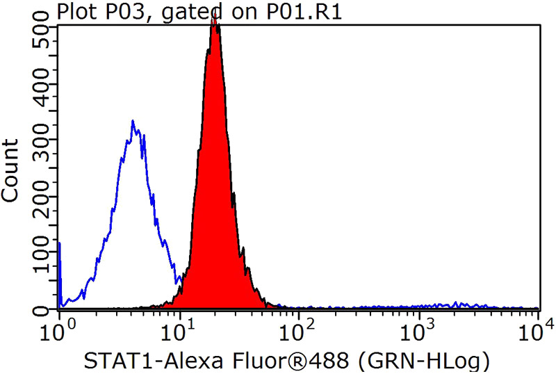 1X10^6 MCF-7 cells were stained with 0.2ug STAT1 antibody (Catalog No:115684, red) and control antibody (blue). Fixed with 90% MeOH blocked with 3% BSA (30 min). Alexa Fluor 488-congugated AffiniPure Goat Anti-Rabbit IgG(H+L) with dilution 1:1000.