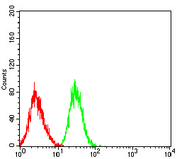 Fig4: Flow cytometric analysis of LILRB2 was done on HL-60 cells . The cells were fixed, permeabilized and stained with the primary antibody ( 1/100) (green). After incubation of the primary antibody at room temperature for an hour, the cells were stained with a Alexa Fluor 488-conjugated goat anti-Mouse IgG Secondary antibody at 1/500 dilution for 30 minutes. Unlabelled sample was used as a control (cells without incubation with primary antibody; red).